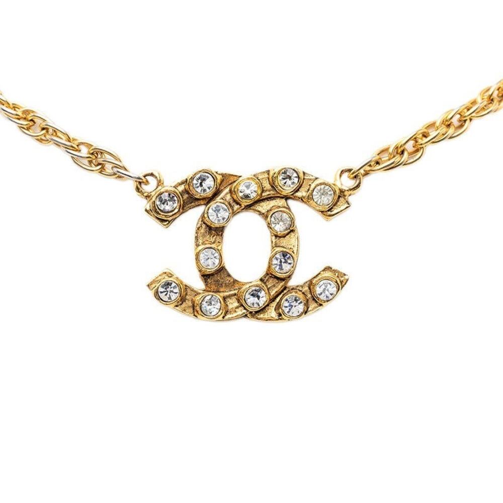 Chanel CC Logo Chain Necklace Gold Plated Rhinestone